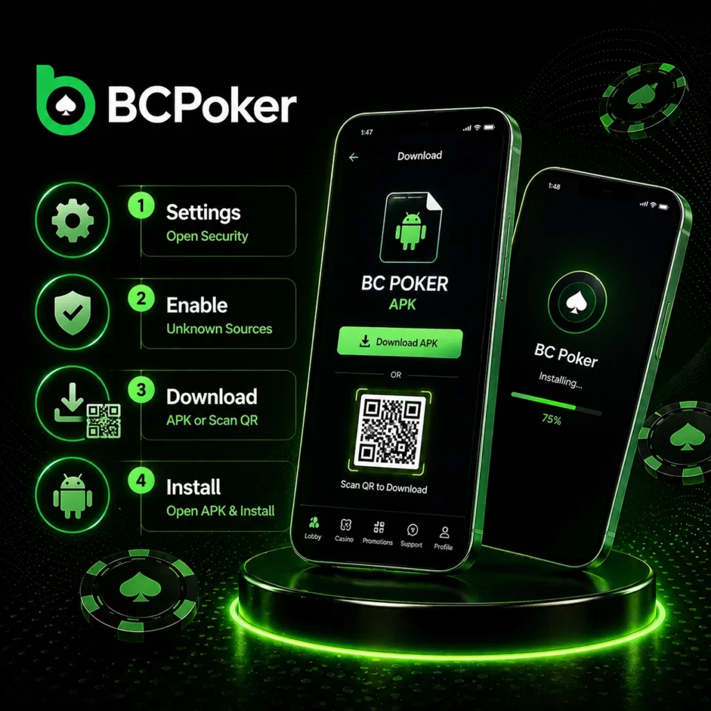 BC Poker app APK installation steps on mobile devices infographic