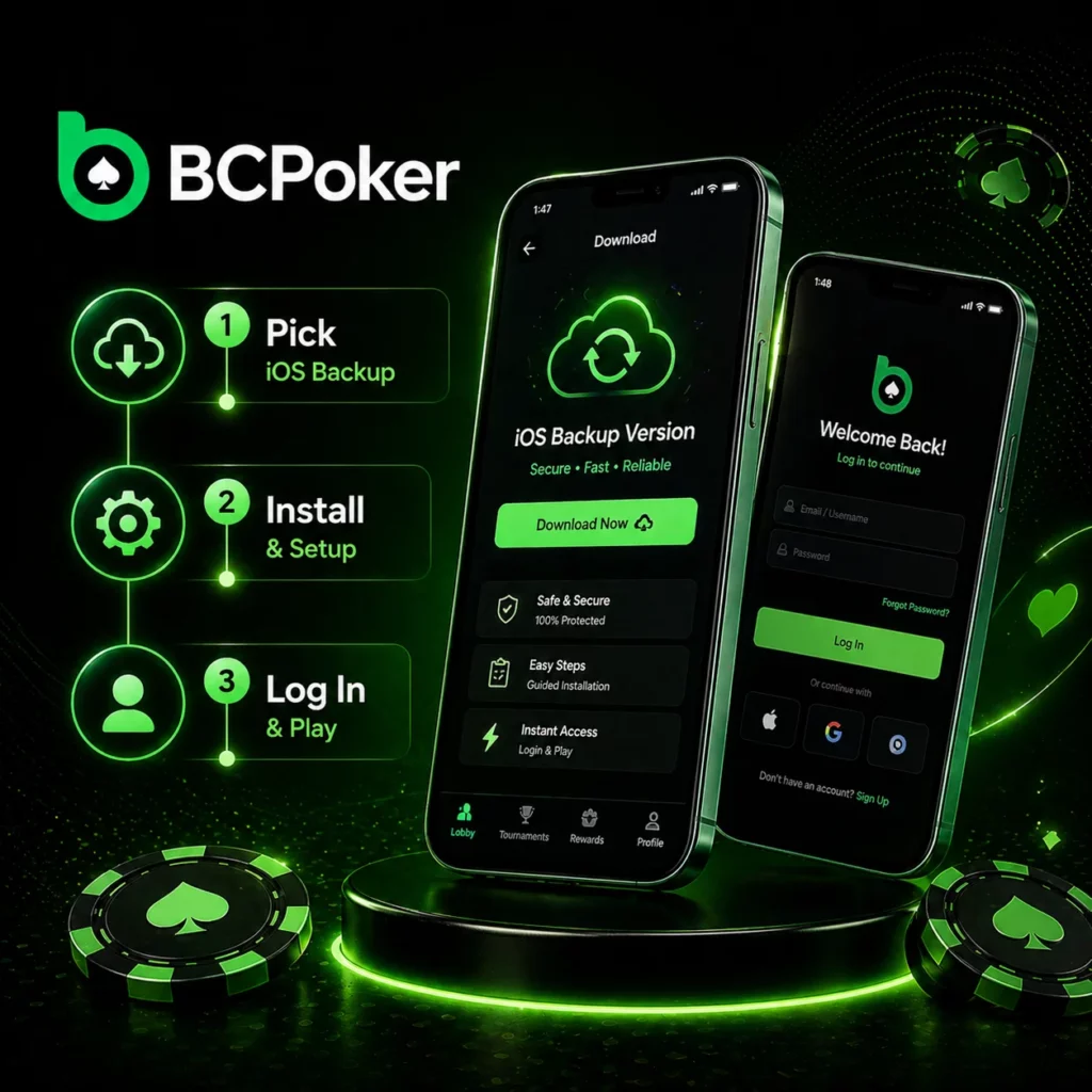 BC Poker iOS backup version install steps with mobile app interface