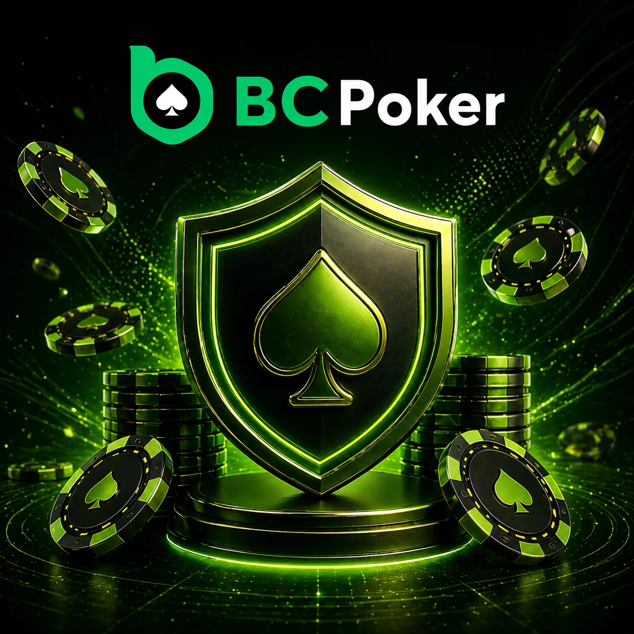 BC Poker logo with security shield, poker chips and green casino background
