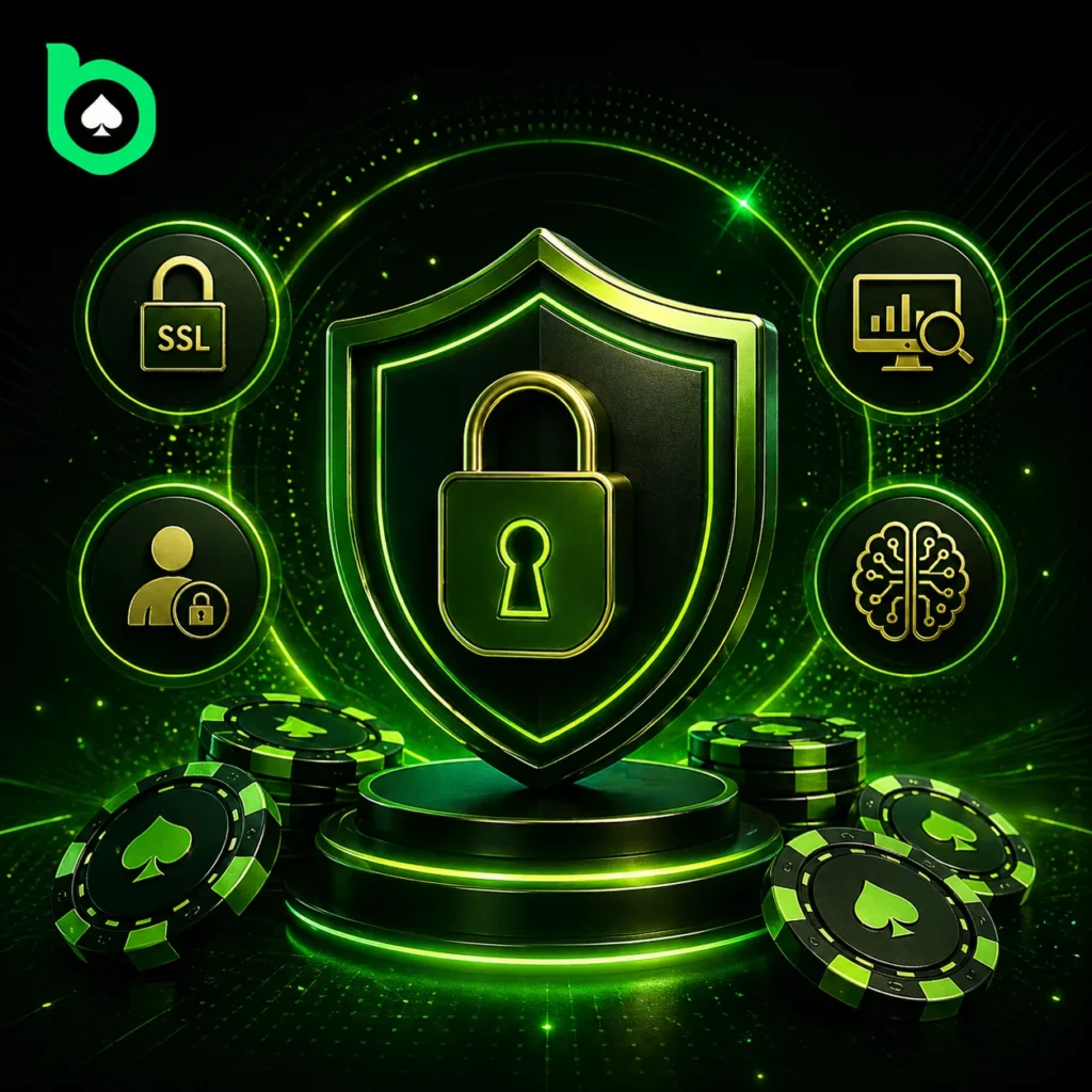 BC Poker security features including encryption, MFA and monitoring systems infographic