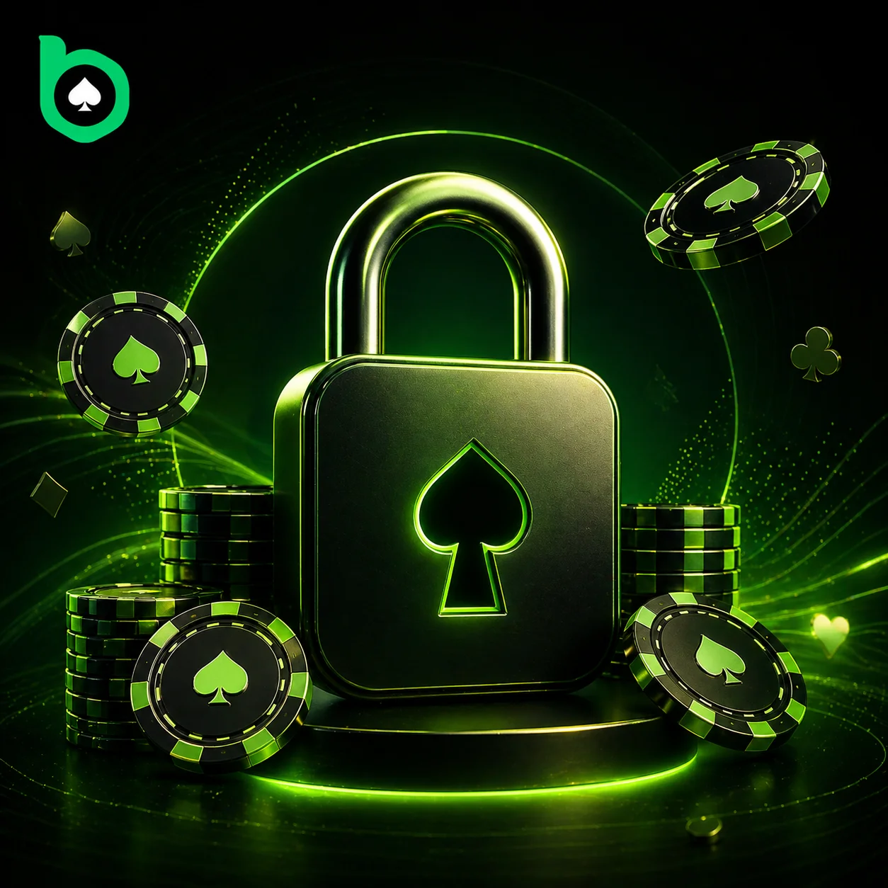 BC Poker security concept with lock and poker chips around logo