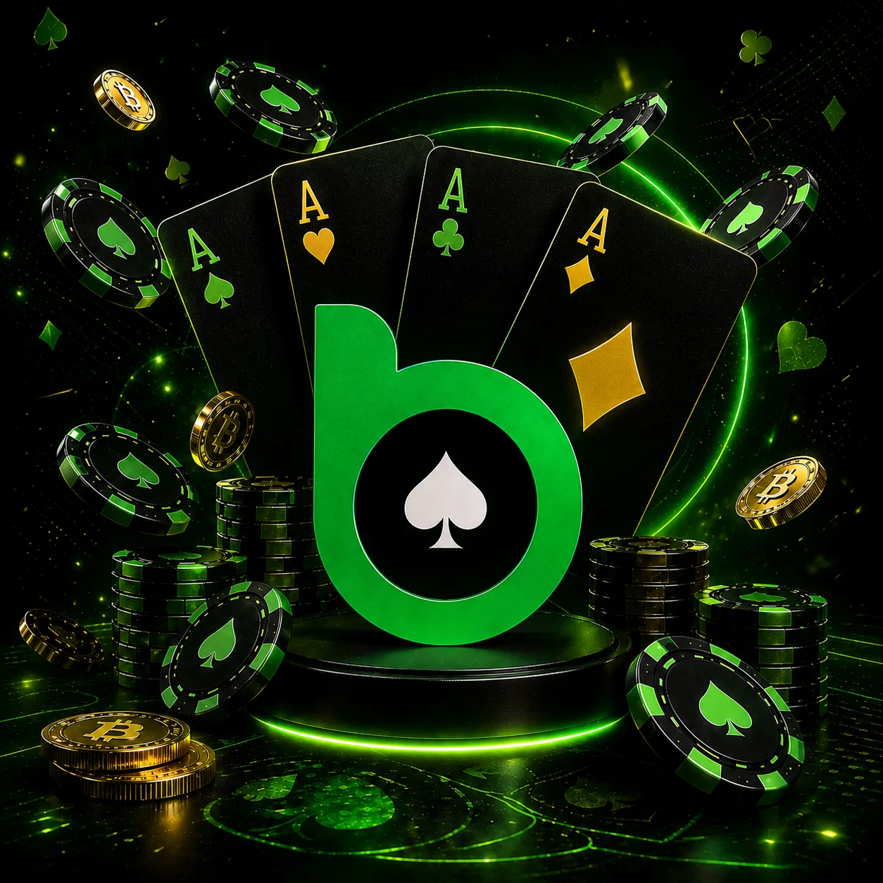 BC Poker banner with four aces of different suits, glowing green logo, floating poker chips, gold coins and neon casino visuals on a dark background