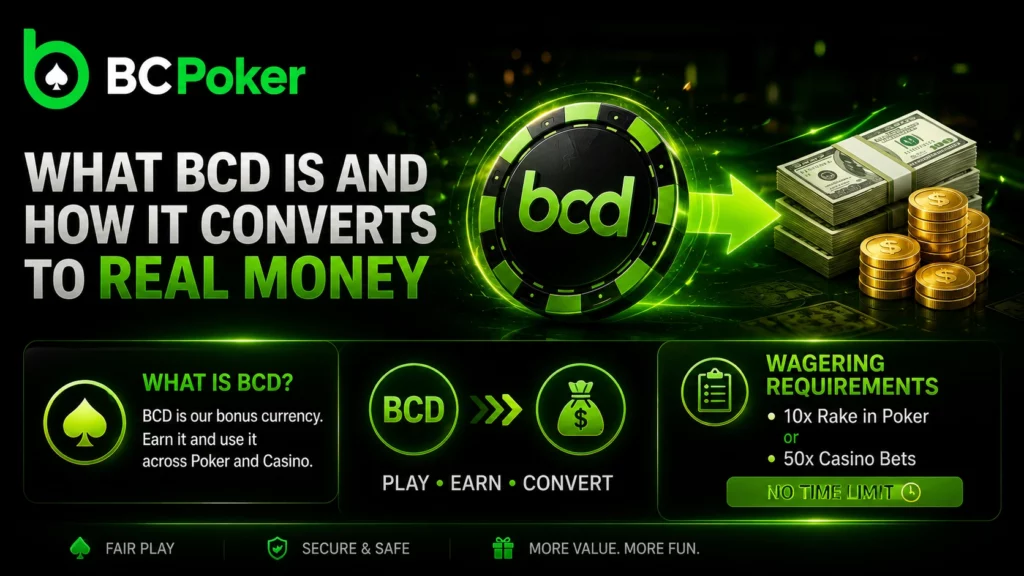 BC Poker BCD conversion banner with wagering requirements and cash rewards