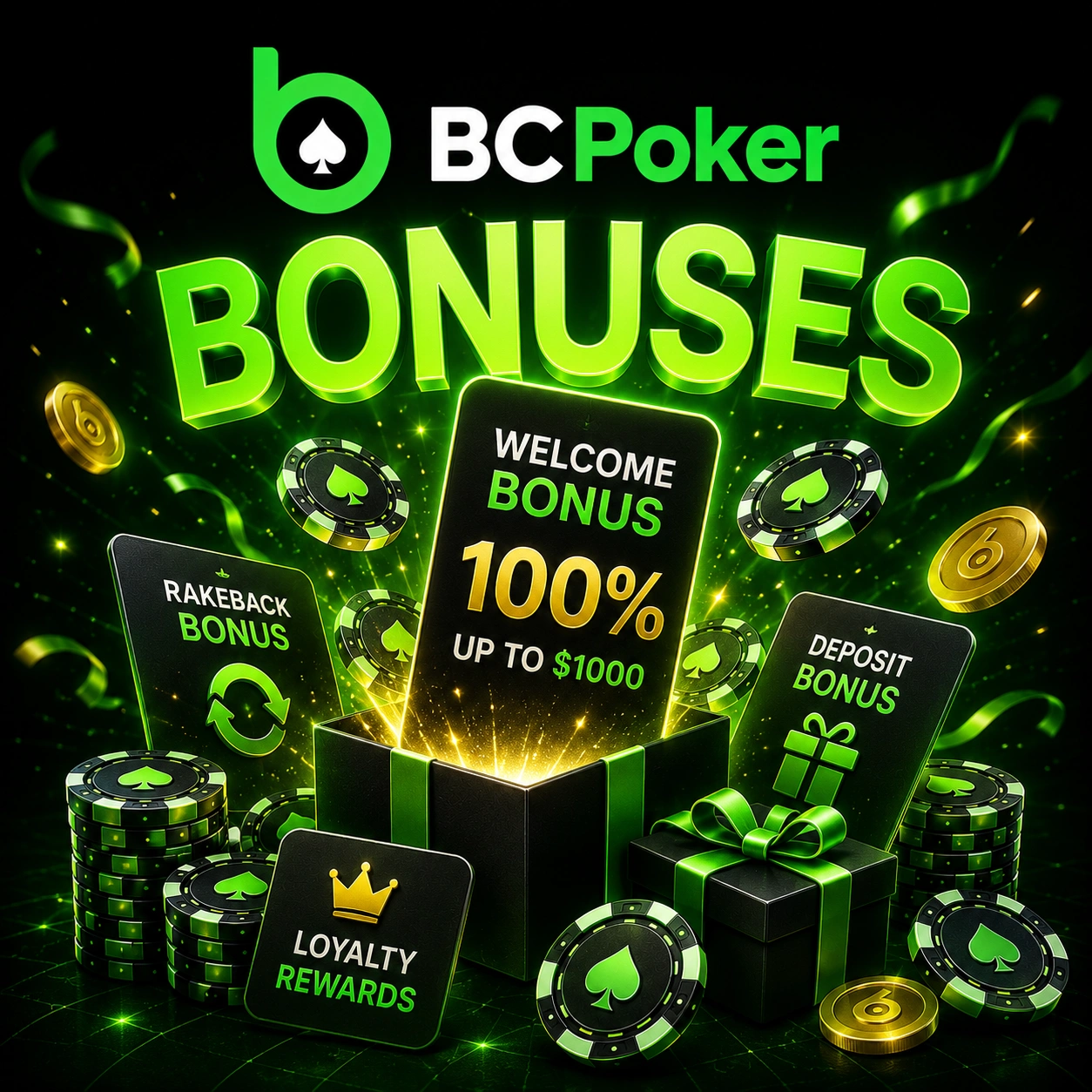 BC Poker bonuses banner with welcome rewards and gift boxes in green neon style
