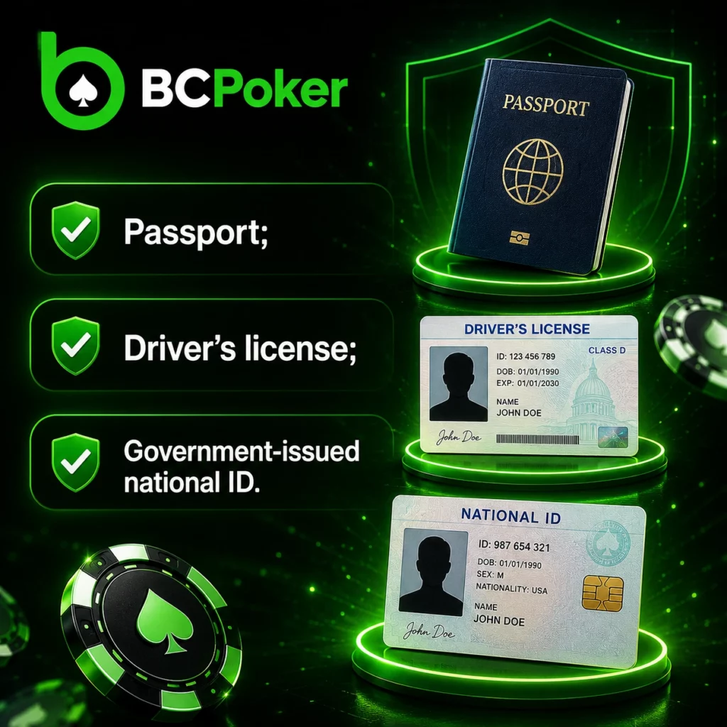 BC Poker KYC banner with passport, driver’s license and national ID documents
