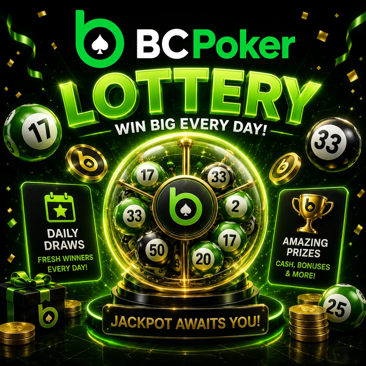 BC Poker lottery banner with jackpot machine and numbered balls in neon style
