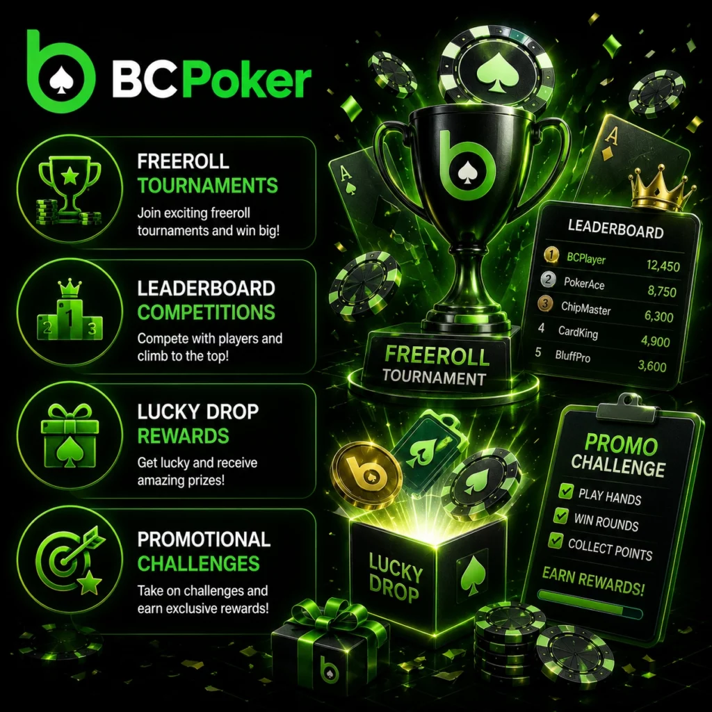 BC Poker promo banner with freerolls, leaderboard rewards and challenges