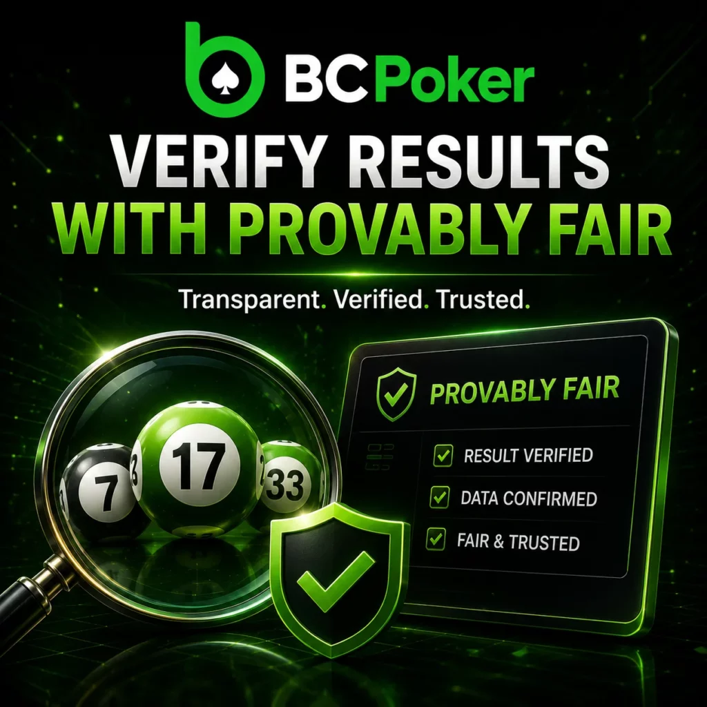 BC Poker provably fair verification banner with lottery results check tool