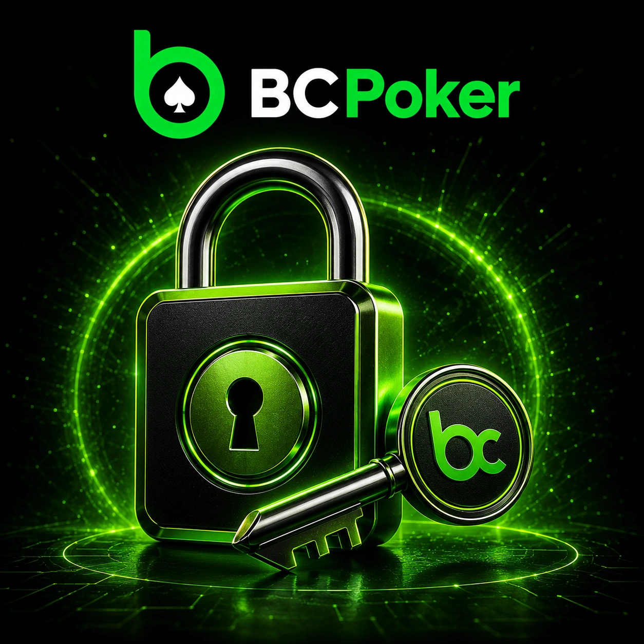 BC Poker security banner with lock, key and green neon effects