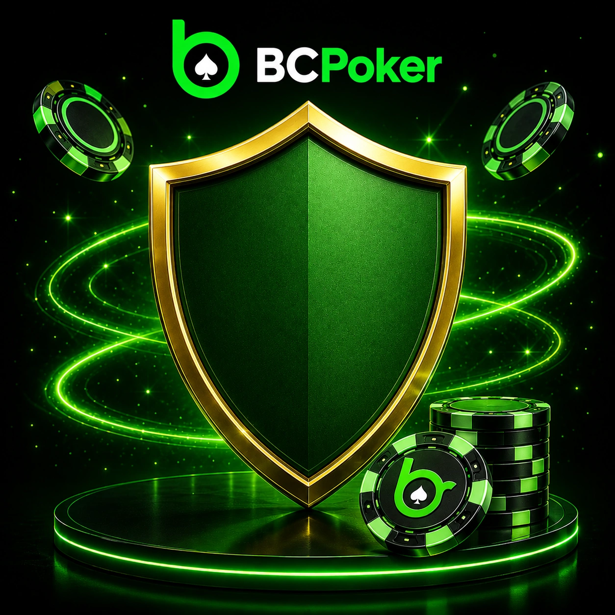 BC Poker security shield with poker chips and green neon effects